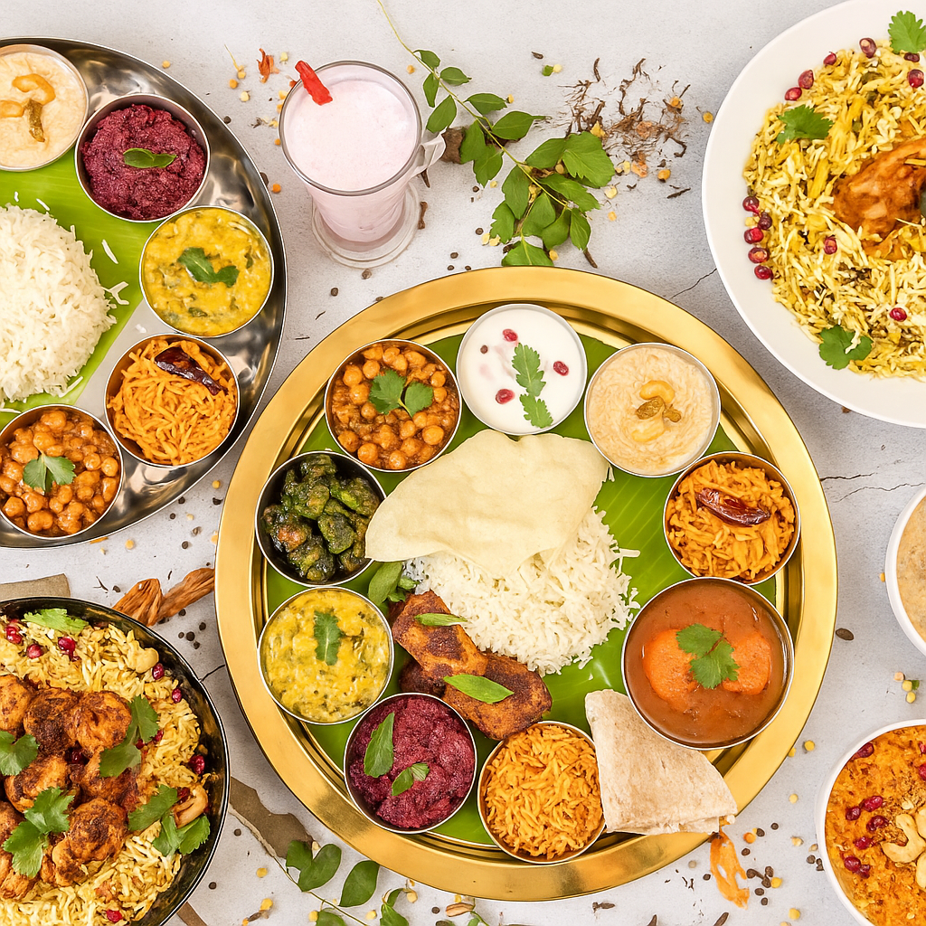 Traditional Indian Thali Feast - Authentic vegetarian dishes served on banana leaves