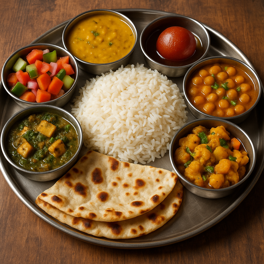 Vegetarian Thali Feast - Complete meal with variety of vegetarian dishes, rice, and bread