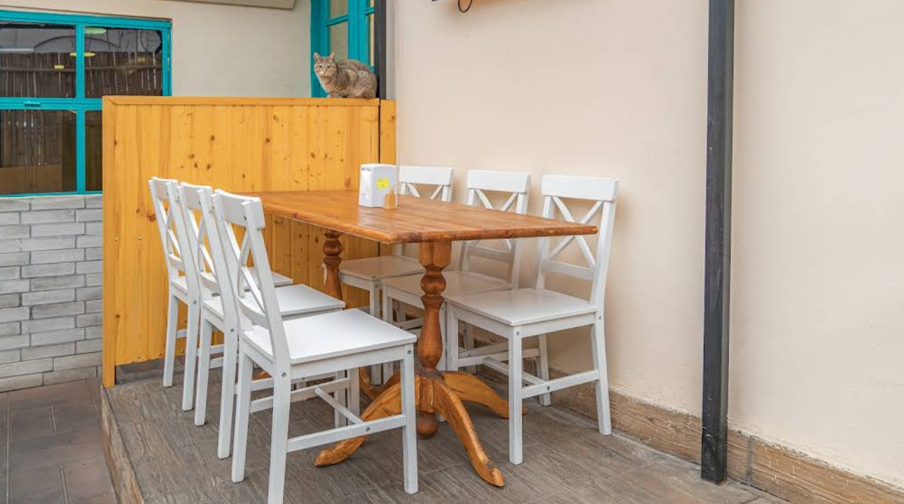 Outdoor Dining Area - Charming outdoor seating at Indian Restaurant in Tbilisi with friendly restaurant mascots